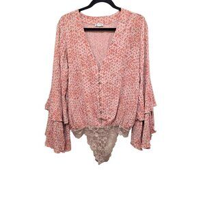 Intimately Free People Floral Print Button-Down Bodysuit Lace Detail & Ruffled S
